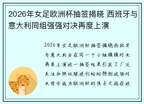 2026年女足欧洲杯抽签揭晓 西班牙与意大利同组强强对决再度上演